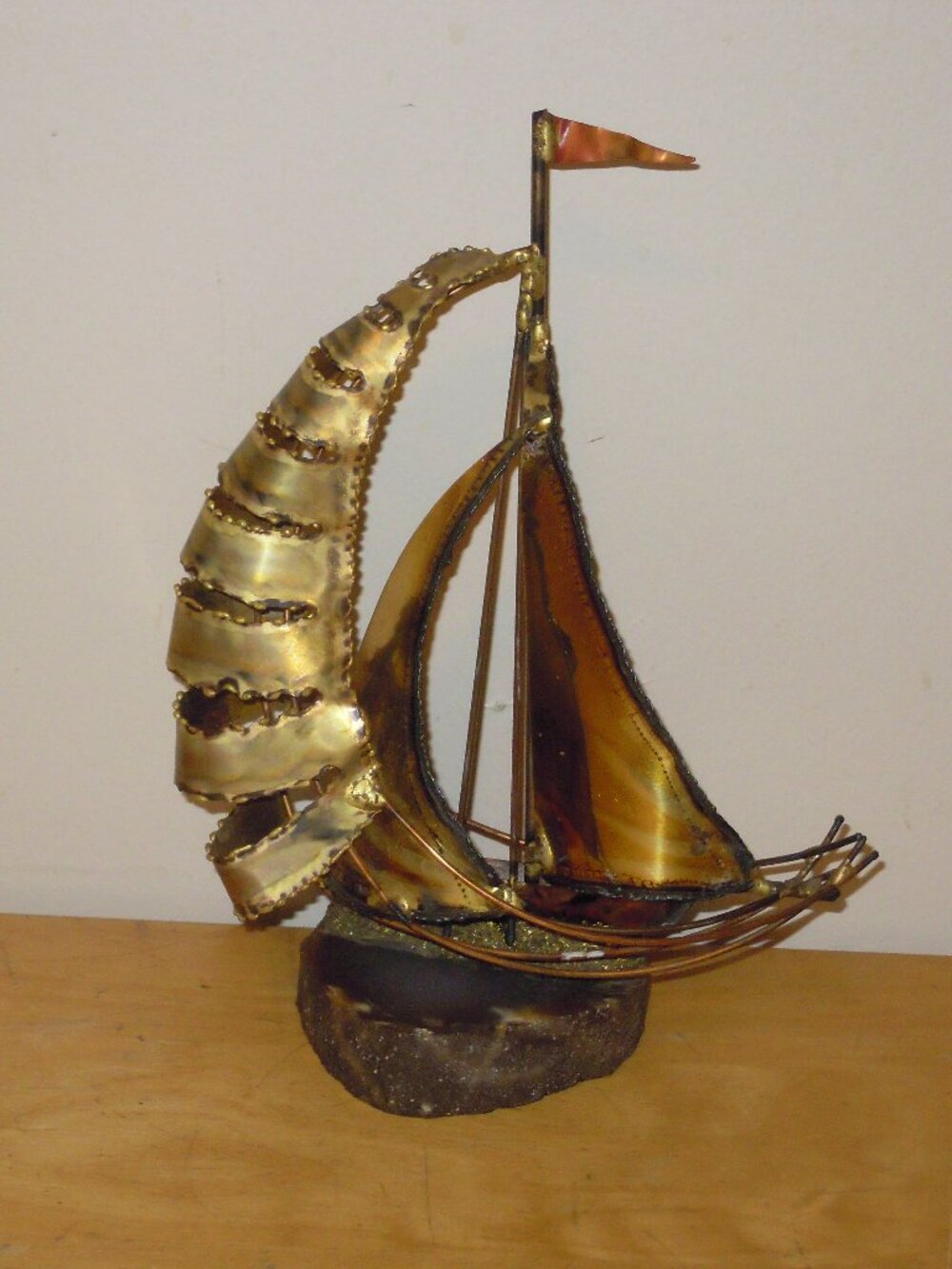Mid-Century MCM Brutalist Brass Copper Sailboat Art Sculpture Stone Base